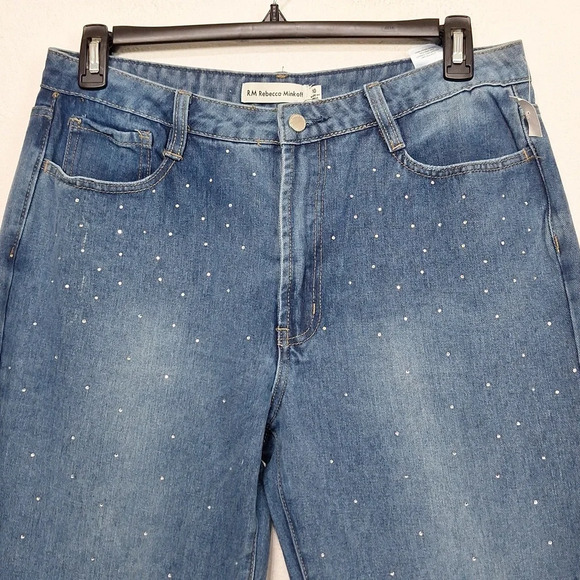 Rebecca Minkoff "NEW" Preppy Rhinestone Studded Boho Straight Leg Jeans Size 10 - Picture 3 of 10